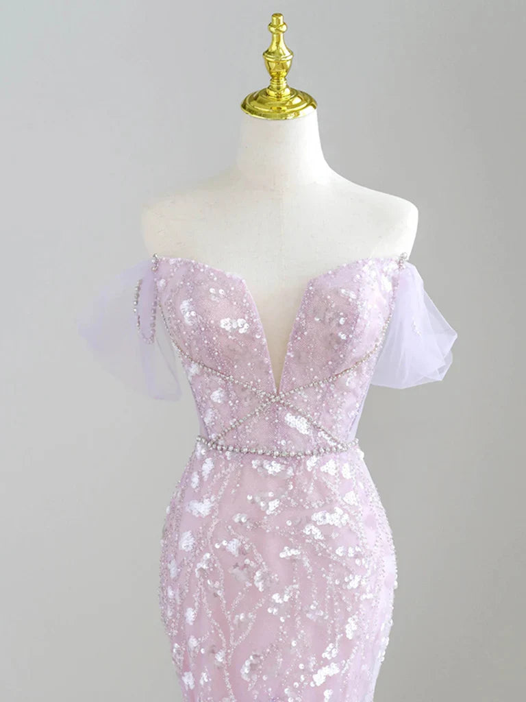 Mermaid Off-Shoulder Tulle Sequin Long Prom Dress Purple Formal Dress ED01744