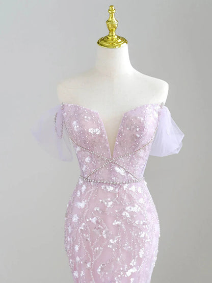 Mermaid Off-Shoulder Tulle Sequin Long Prom Dress Purple Formal Dress ED01744