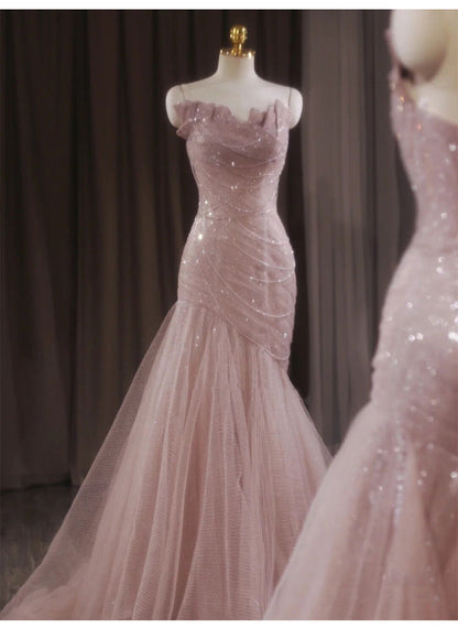 Mermaid Strapless Tulle Sequined Long Prom Dress Sweet Wedding Dress HZ1024
