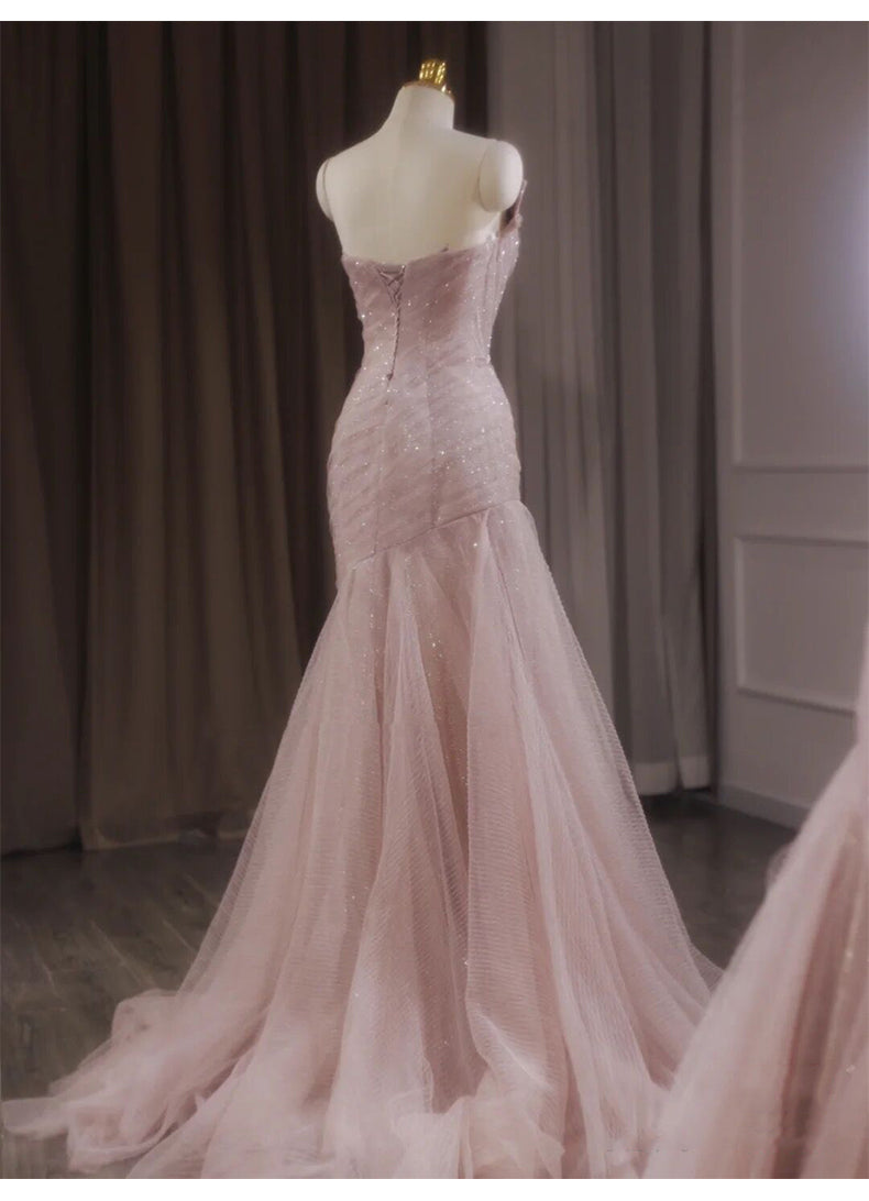Pink Mermaid Strapless Tulle Sequined Long Prom Dress Sweet Wedding Dress ED01745
