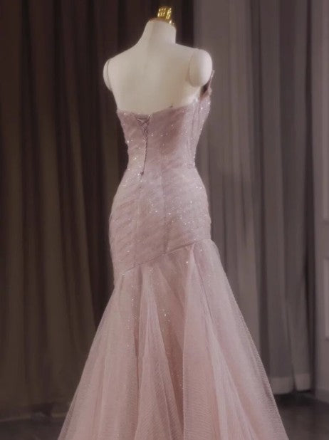 Mermaid Strapless Tulle Sequined Long Prom Dress Sweet Wedding Dress HZ1024