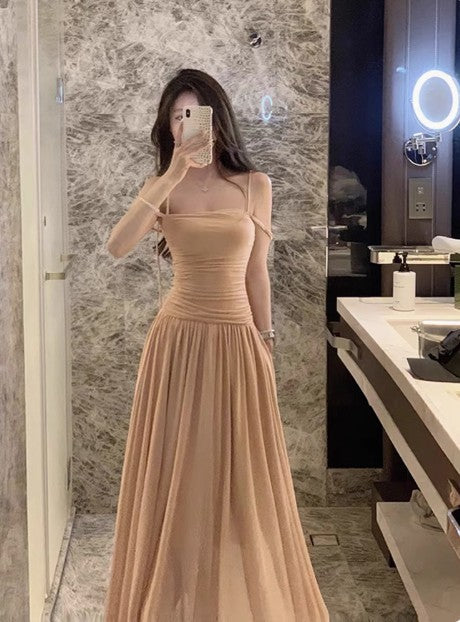 Gentle style pleated waist dress with suspenders ED01746