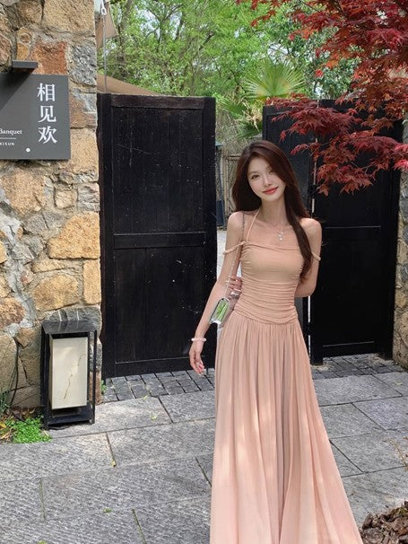 Gentle style pleated waist dress with suspenders ED01746