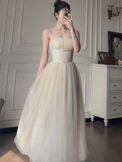 Off-White A-Line Spaghetti Strap Tulle Prom Dress Birthday Dress ED01749
