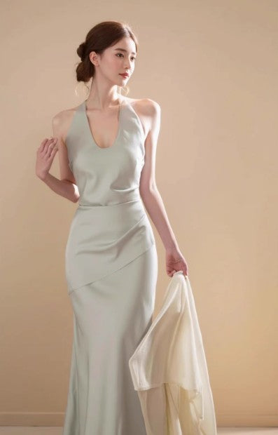 French Satin Mermaid V-Neck Halter Dress ED01750