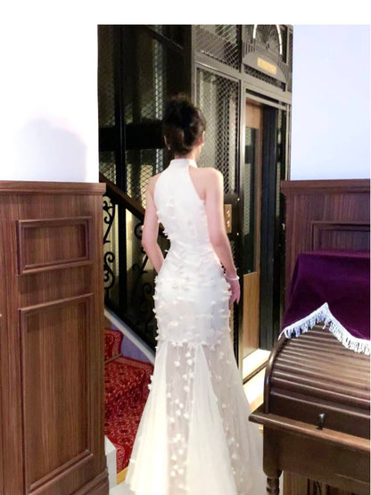 Apricot Mermaid Turtleneck Tulle 3D Flower Prom Dress HZ1024