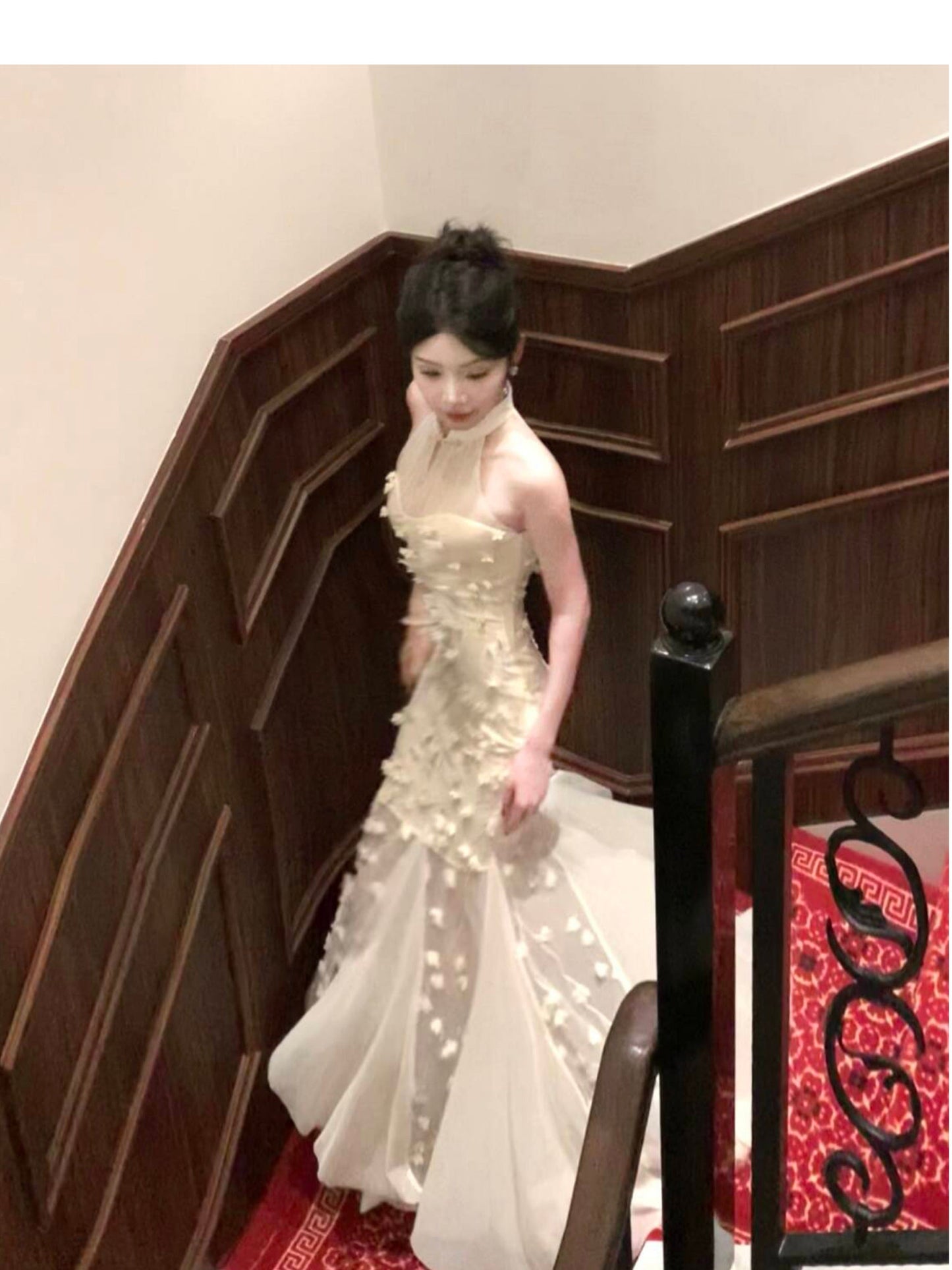 Apricot Mermaid Turtleneck Tulle 3D Flower Prom Dress HZ1024