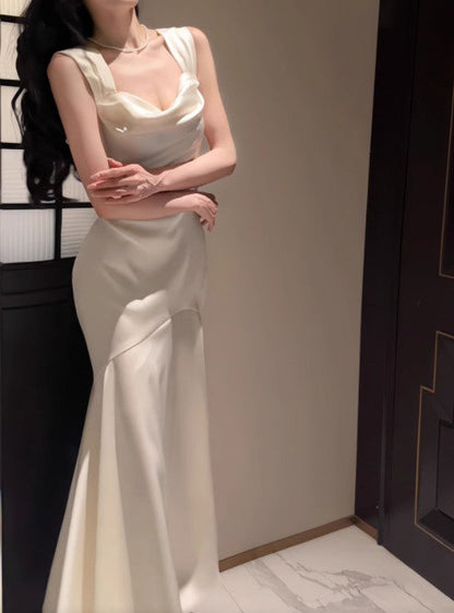 White Mermaid Square Neck Satin Prom Dress Birthday Dress HZ1024