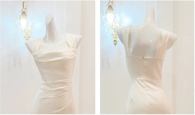 White Mermaid Square Neck Satin Prom Dress Birthday Dress HZ1024