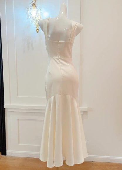 White Mermaid Square Neck Satin Prom Dress Birthday Dress HZ1024