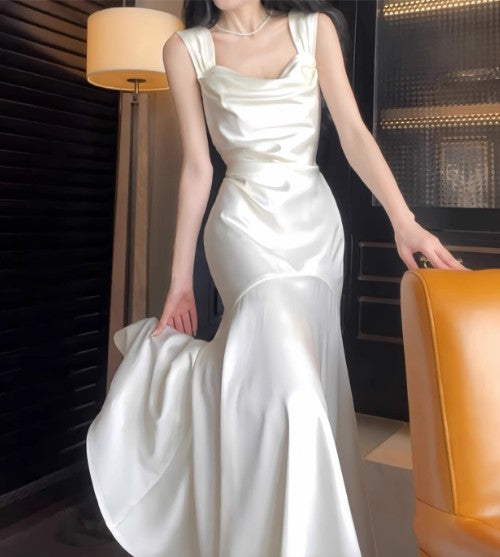 White Mermaid Square Neck Satin Prom Dress Birthday Dress HZ1024