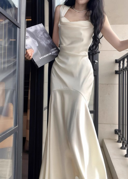 White Mermaid Square Neck Satin Prom Dress Birthday Dress HZ1024