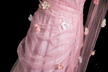 Mermaid Strapless Tulle 3D Applique Long Prom Dress Sweet Wedding Dress HZ1024