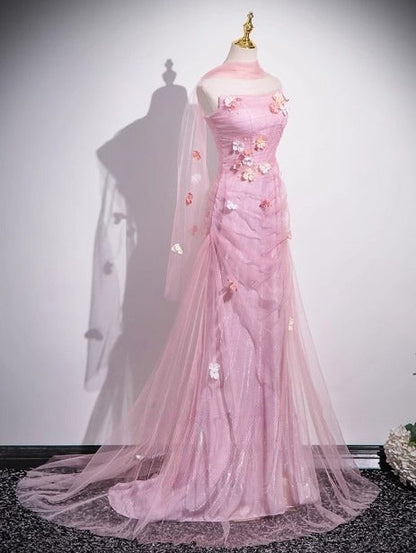 Mermaid Strapless Tulle 3D Applique Long Prom Dress Sweet Wedding Dress HZ1024