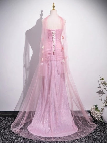 Mermaid Strapless Tulle 3D Applique Long Prom Dress Sweet Wedding Dress HZ1024
