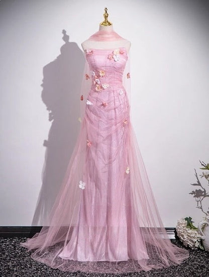 Mermaid Strapless Tulle 3D Applique Long Prom Dress Sweet Wedding Dress HZ1024