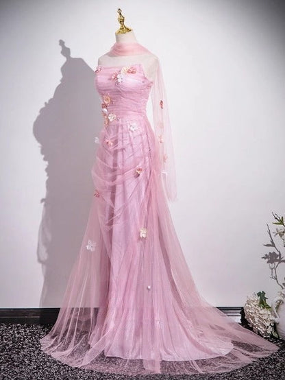 Mermaid Strapless Tulle 3D Applique Long Prom Dress Sweet Wedding Dress HZ1024