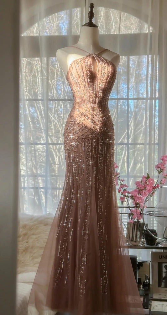 Blush Pink Spaghetti Strap Mermaid Tulle Sequin Long Prom Dress Beaded Graduation Prom Adult Ceremony Dress HZ1024