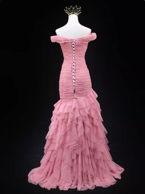 Pink Mermaid Off-the-shoulder Tulle Long Prom Dress Adult Ceremony Dress ED01764