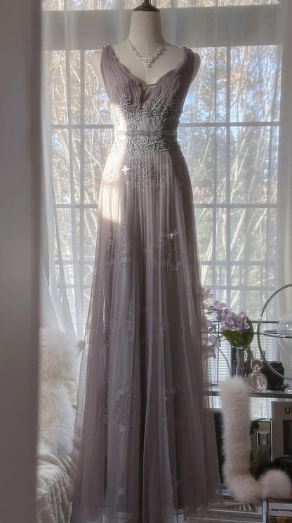 Purple A-Line V Neck Tulle Lace Long Prom Dress Gorgeous Evening Dress HZ1024