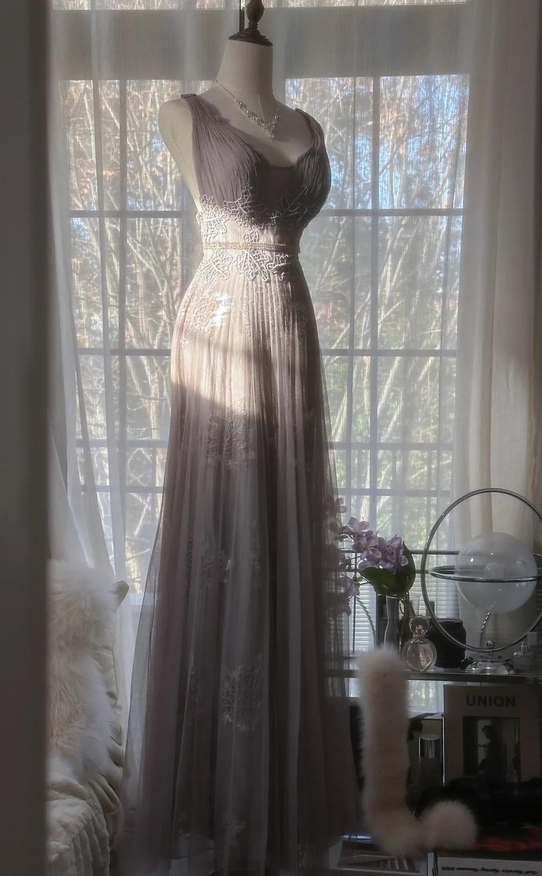 Purple A-Line V Neck Tulle Lace Long Prom Dress Gorgeous Evening Dress HZ1024