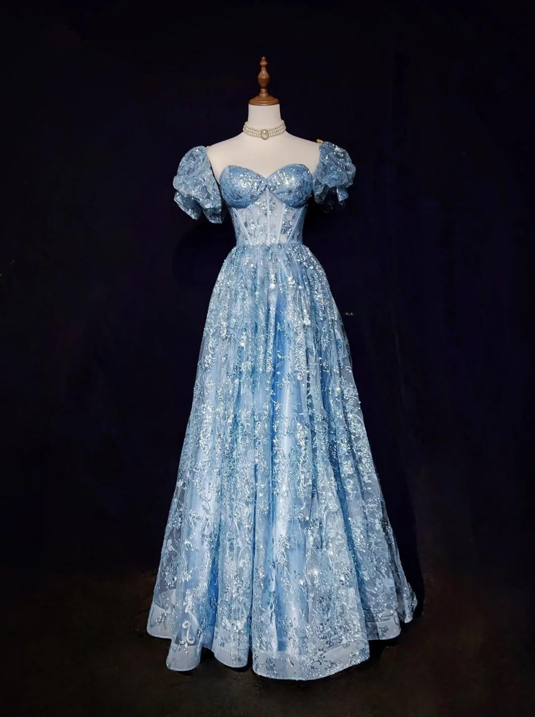 A-Line Sweetheart Neck Tulle Sequin Long Prom Dress Exquisite Birthday Dress HZ1024