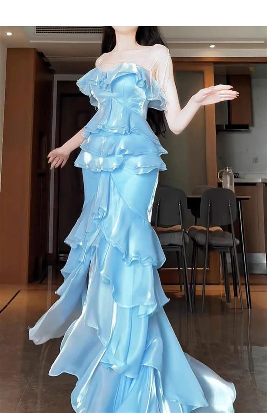 Blue Mermaid Strapless Long Ruffled Prom Dress ED01768