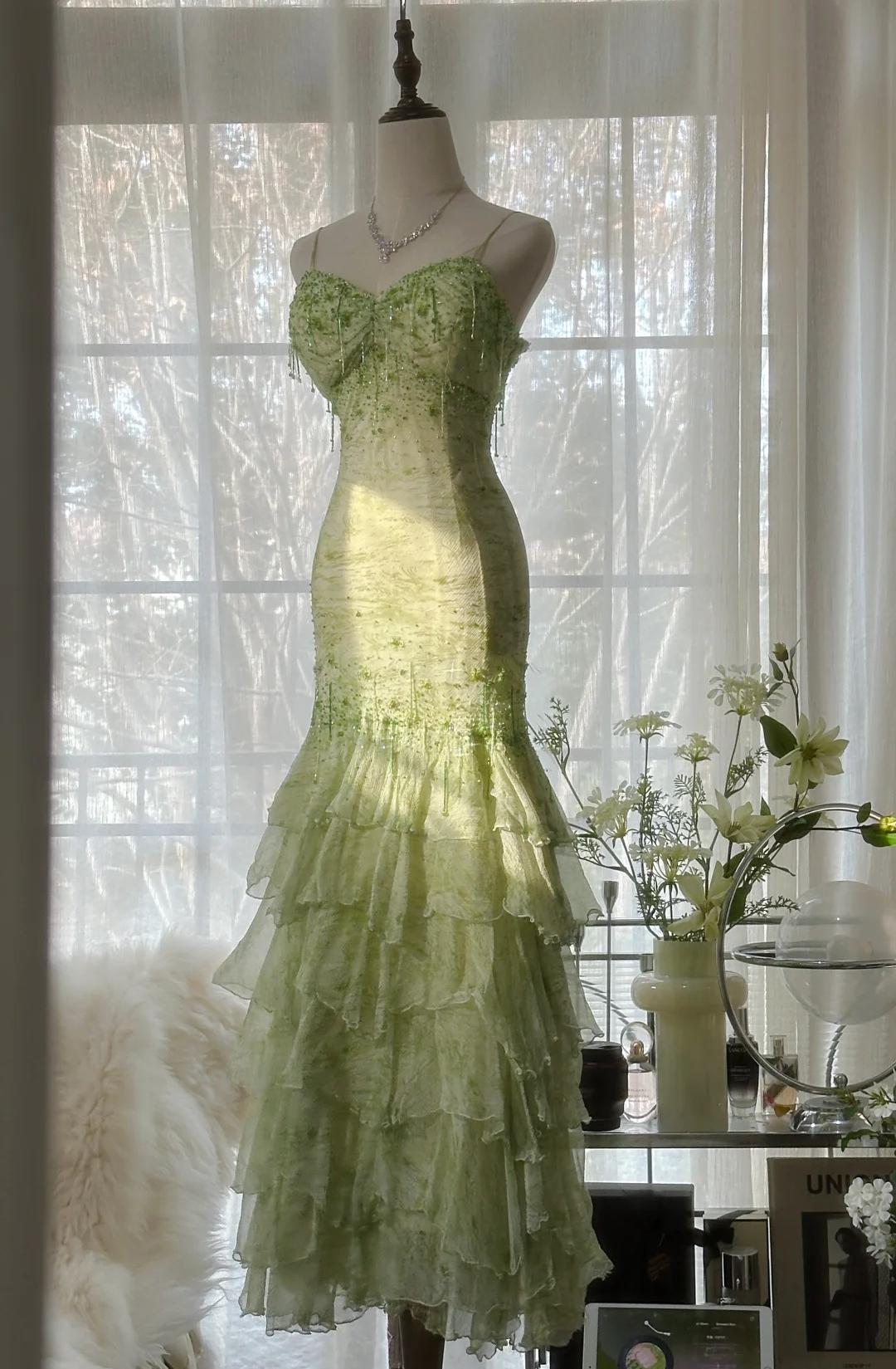 Fairytale Green Mermaid Vintage Party Dresses Sweetheart Chiffon Beaded Layed  Prom Dresses ED01769
