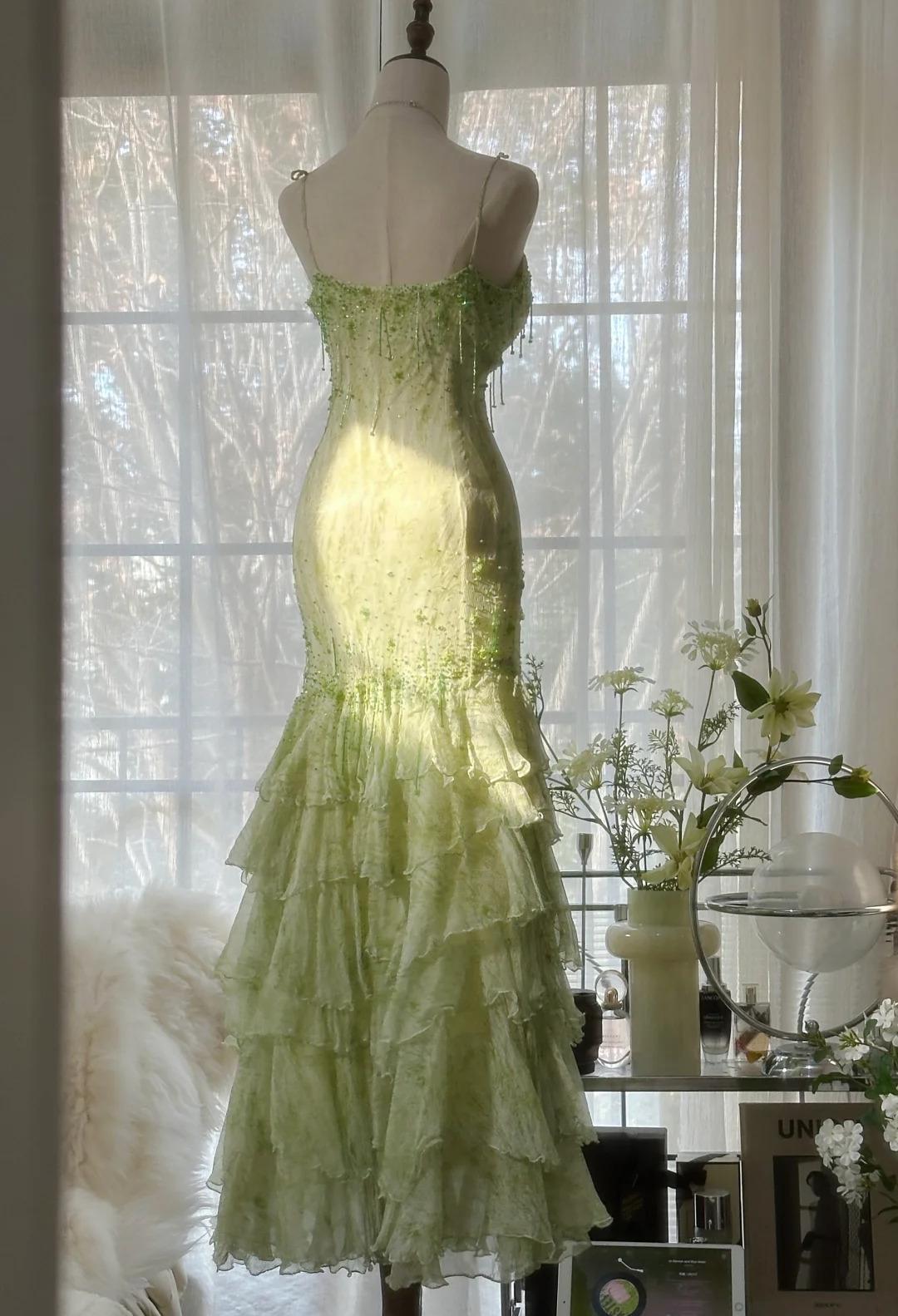 Fairytale Green Mermaid Vintage Party Dresses Sweetheart Chiffon Beaded Layed  Prom Dresses ED01769