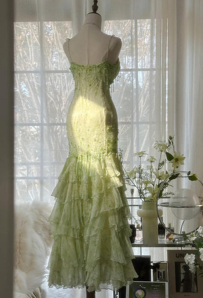 Fairytale Green Mermaid Vintage Party Dresses Sweetheart Chiffon Beaded Layed  Prom Dresses ED01769