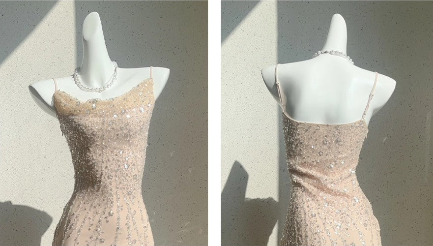 Pink Spaghetti Strap Mermaid Tulle Sequined Prom Dress Birthday Dress HZ1024