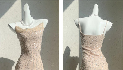 Pink Spaghetti Strap Mermaid Tulle Sequined Prom Dress Birthday Dress HZ1024