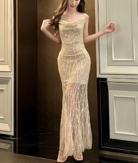 Pink Spaghetti Strap Mermaid Tulle Sequined Prom Dress Birthday Dress HZ1024