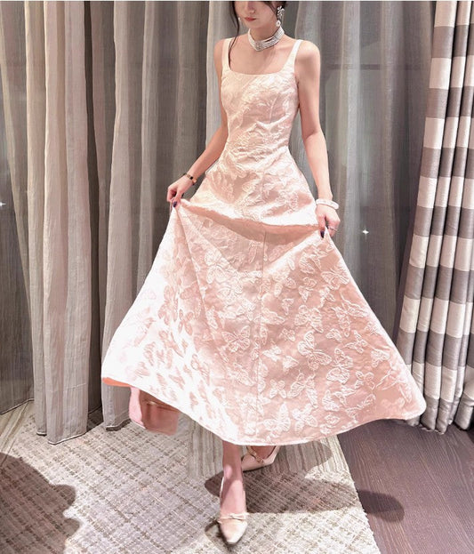 Pink A-Line Vintage Butterfly Embroidered Satin Prom Dress Birthday DressED01772