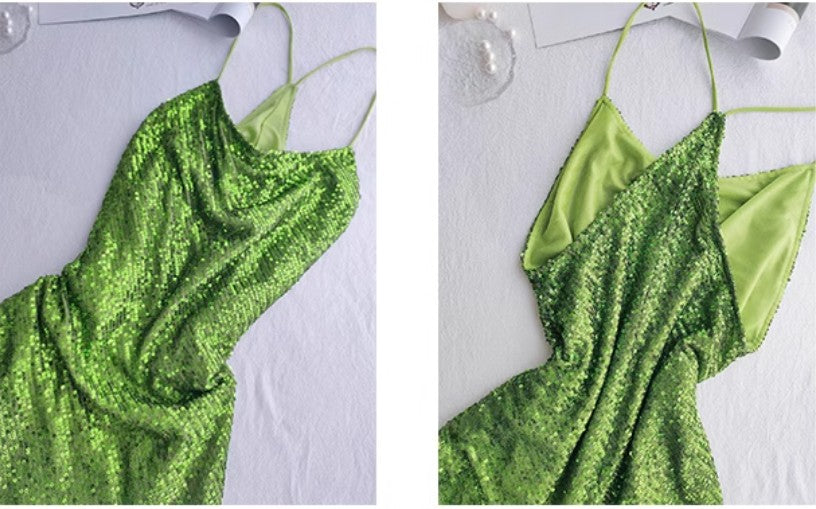 Green Sheath Spaghetti Strap Sequined Prom Dress Birthday Dress HZ1024