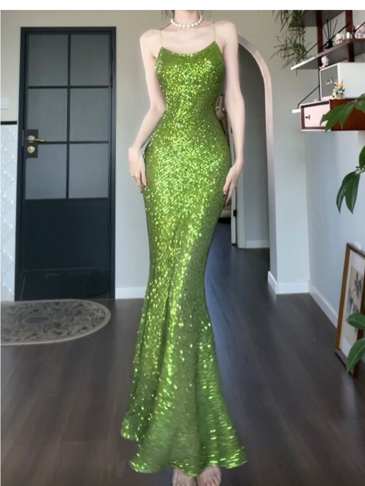 Green Sheath Spaghetti Strap Sequined Prom Dress Birthday Dress HZ1024