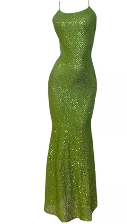 Green Sheath Spaghetti Strap Sequined Prom Dress Birthday Dress HZ1024