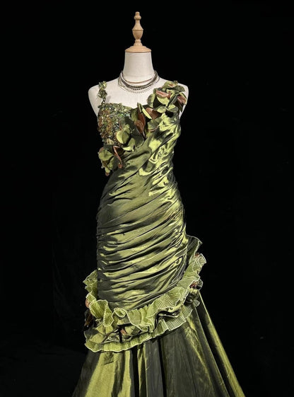 Dark Green Retro Mermaid Irregular Neckline Satin Beaded Long Prom Dress Birthday Graduation Prom Dress ED01776
