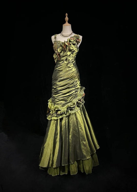 Dark Green Retro Mermaid Irregular Neckline Satin Beaded Long Prom Dress Birthday Graduation Prom Dress ED01776