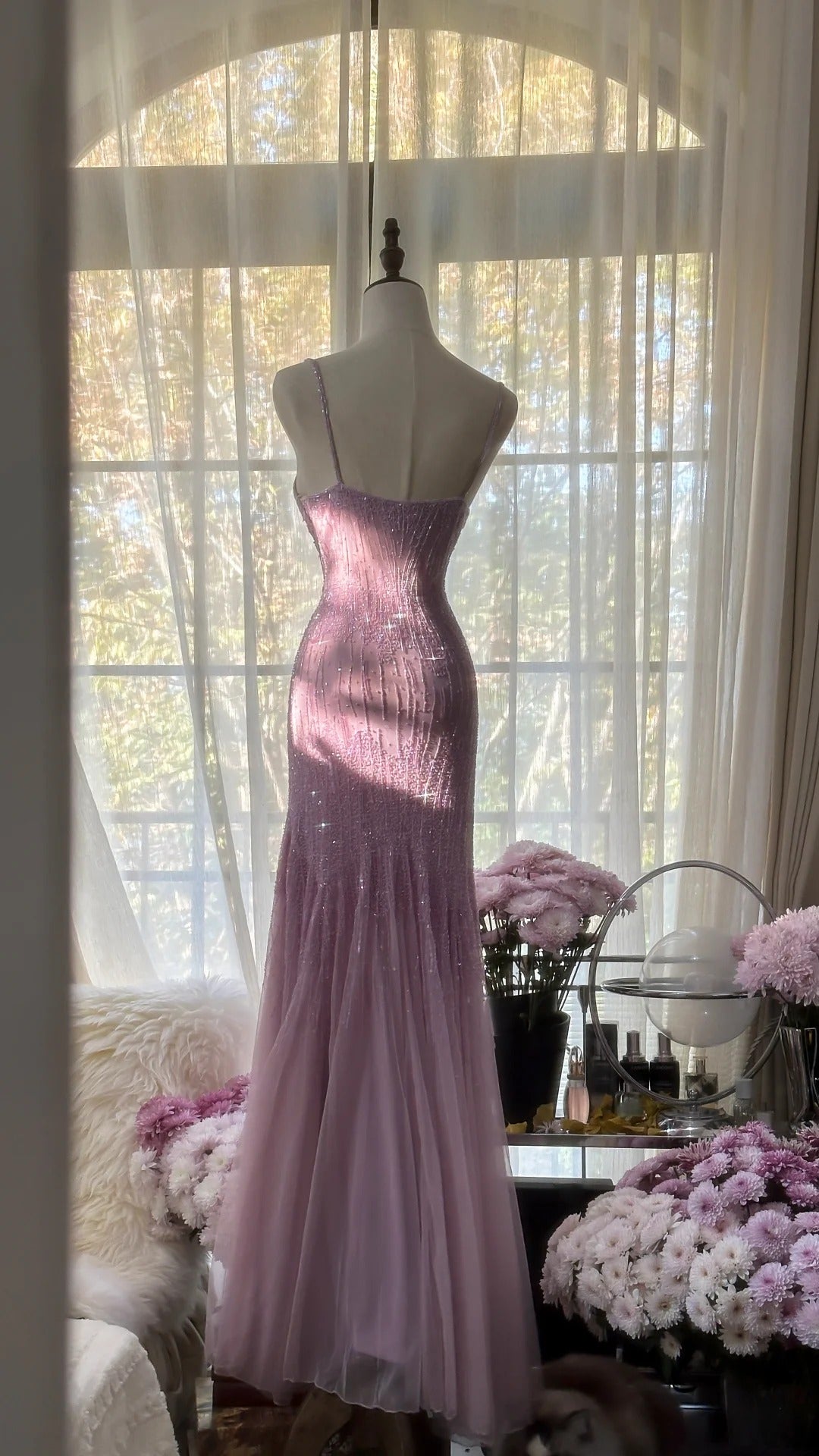 Sparkly  Spaghetti StrapsPurple Mermaid  Wedding Guest Dresses Beaded  Tulle Chiffon  Long Prom Dresses  ED01778
