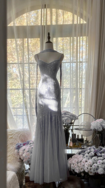 Sparkly  Spaghetti StrapsPurple Mermaid  Wedding Guest Dresses Beaded  Tulle Chiffon  Long Prom Dresses  ED01778