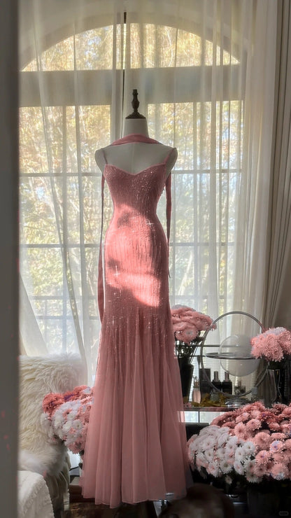 Spaghetti StrapsPurple Mermaid Wedding Guest Dresses Beaded Tulle Chiffon Long Prom Dresses HZ1024