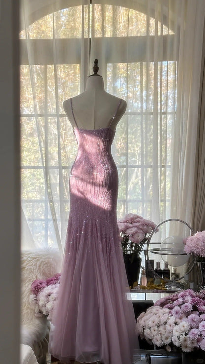 Sparkly  Spaghetti StrapsPurple Mermaid  Wedding Guest Dresses Beaded  Tulle Chiffon  Long Prom Dresses  ED01778
