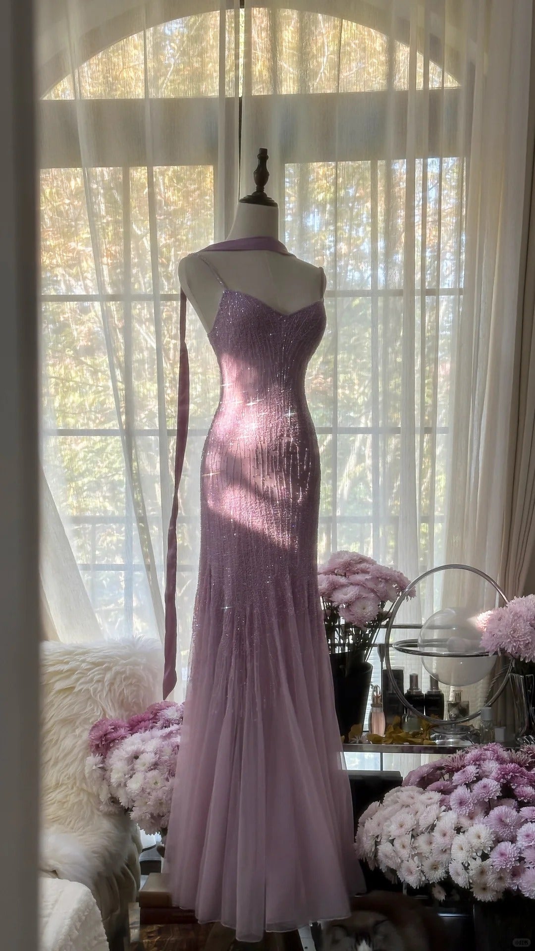 Sparkly  Spaghetti StrapsPurple Mermaid  Wedding Guest Dresses Beaded  Tulle Chiffon  Long Prom Dresses  ED01778