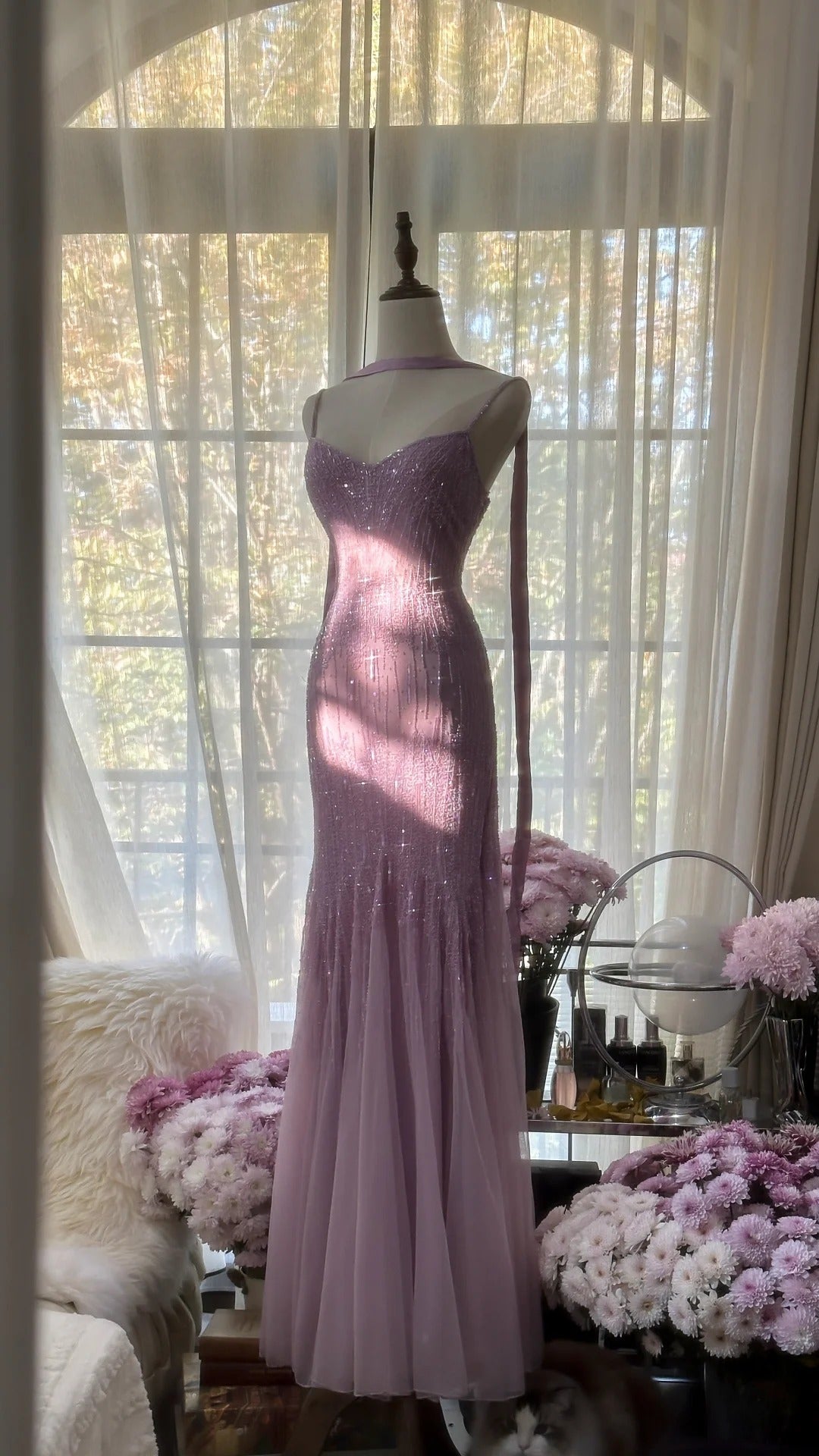 Sparkly  Spaghetti StrapsPurple Mermaid  Wedding Guest Dresses Beaded  Tulle Chiffon  Long Prom Dresses  ED01778