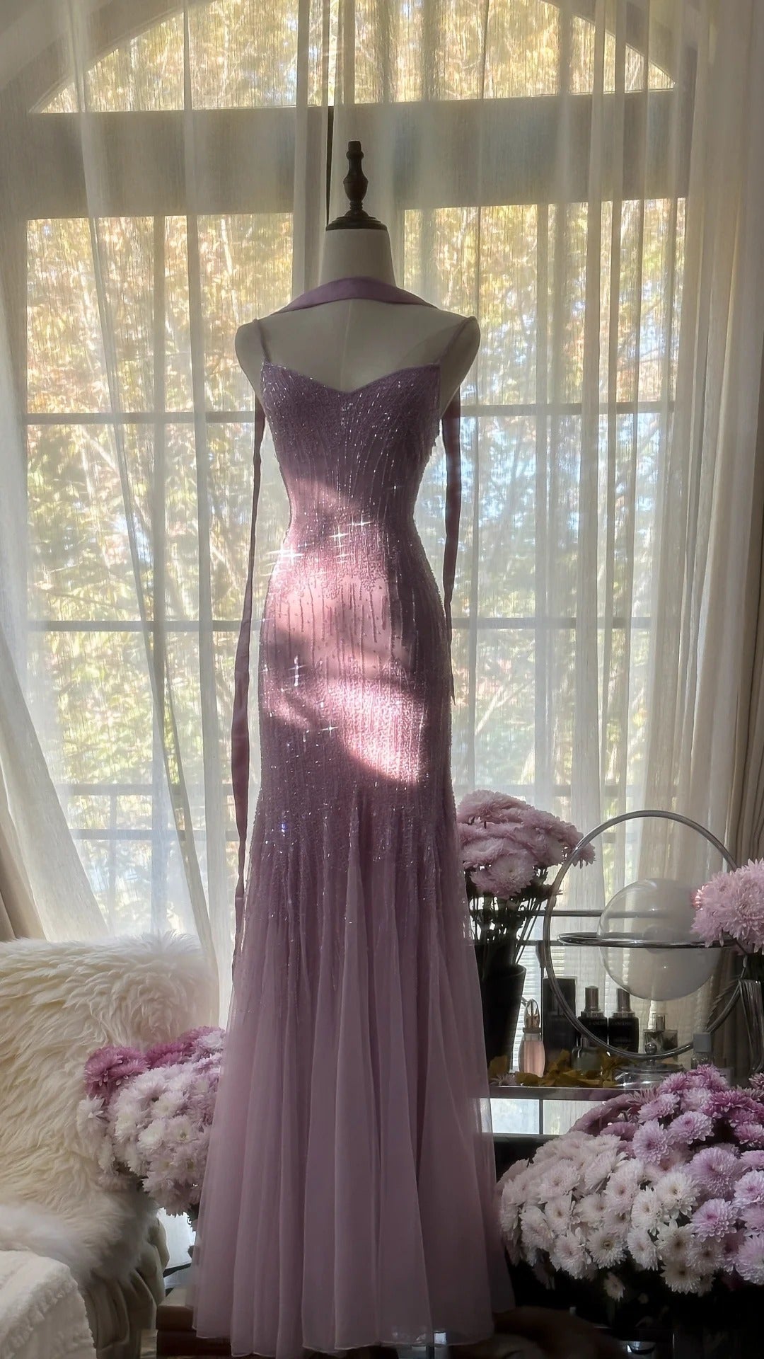 Sparkly  Spaghetti StrapsPurple Mermaid  Wedding Guest Dresses Beaded  Tulle Chiffon  Long Prom Dresses  ED01778