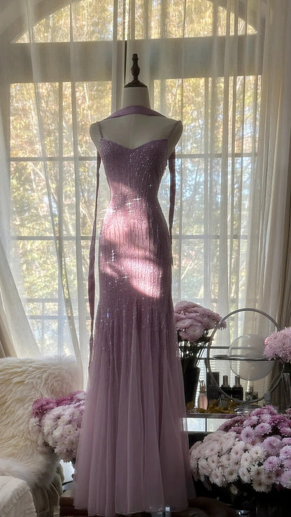 Sparkly  Spaghetti StrapsPurple Mermaid  Wedding Guest Dresses Beaded  Tulle Chiffon  Long Prom Dresses  ED01778