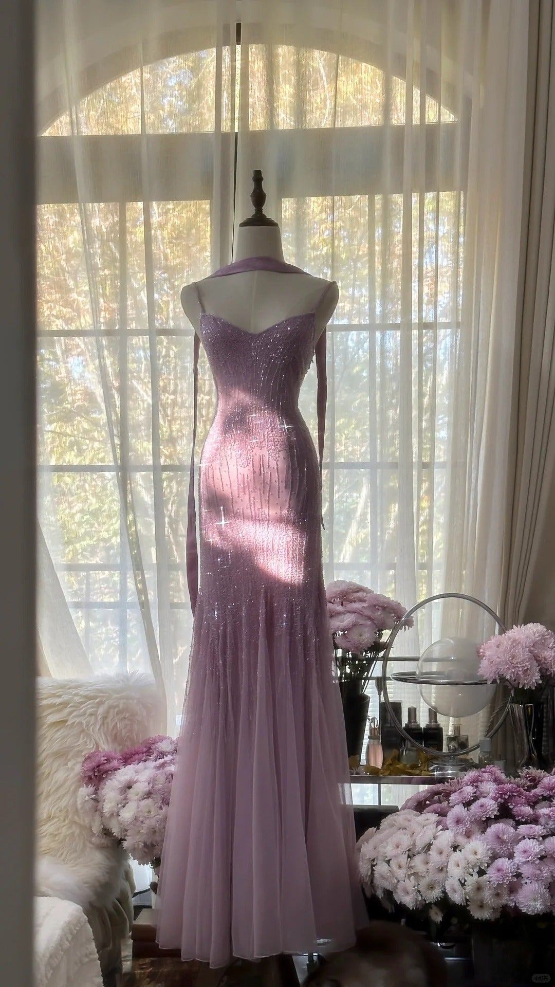 Sparkly  Spaghetti StrapsPurple Mermaid  Wedding Guest Dresses Beaded  Tulle Chiffon  Long Prom Dresses  ED01778