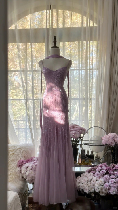 Sparkly  Spaghetti StrapsPurple Mermaid  Wedding Guest Dresses Beaded  Tulle Chiffon  Long Prom Dresses  ED01778