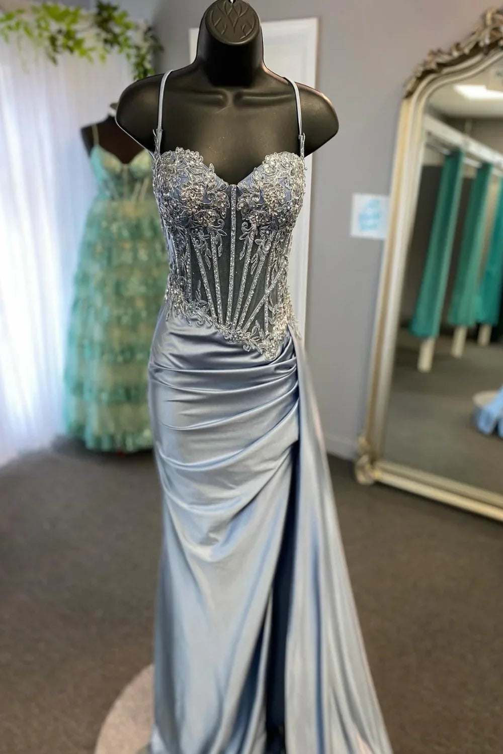 Sage Green Spaghetti Straps Sequins Mermaid Appliqued Prom Dress With Split ED01779